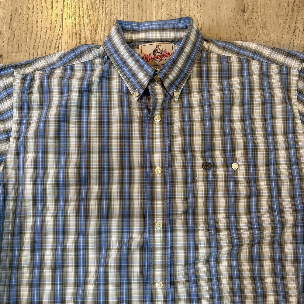 Wrangler Shirt Mens XL Blue Plaid Western Short Sleeve Button Cowboy Rodeo